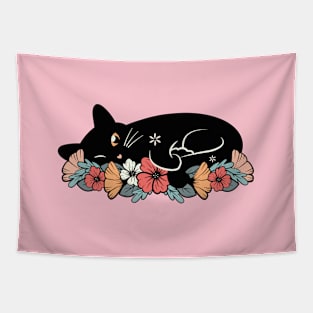 Cute black cat on a bed of flowers Tapestry