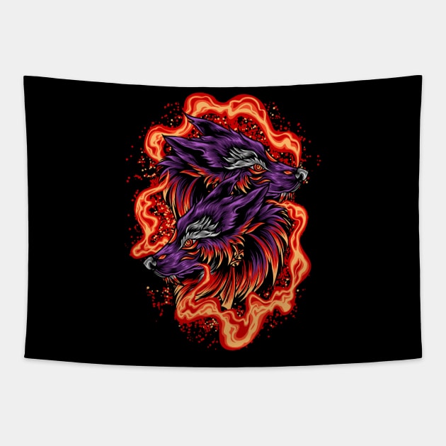 Twin wolf head with fire Tapestry by chenowethdiliff