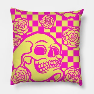 Skull and Roses Checkerboard (Pink Version) Pillow