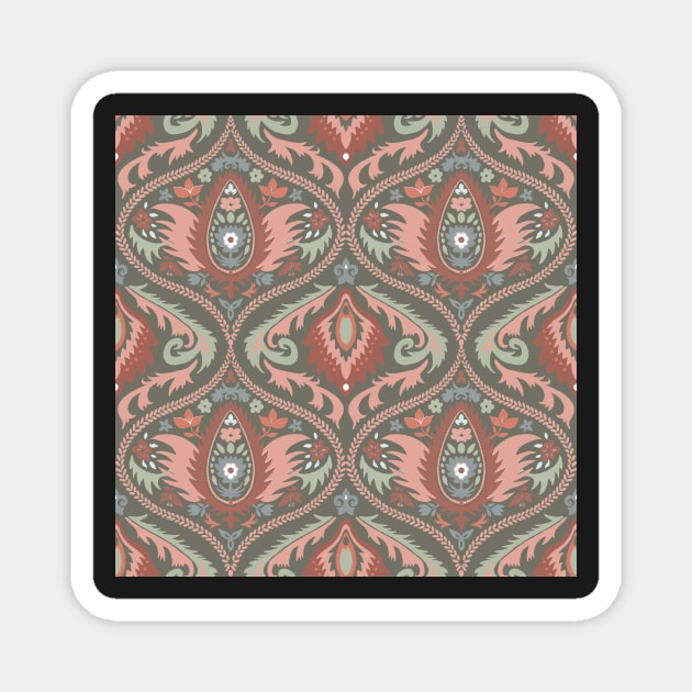 Classic ogee pattern with tendrils rust red and old pink on green Magnet by colorofmagic