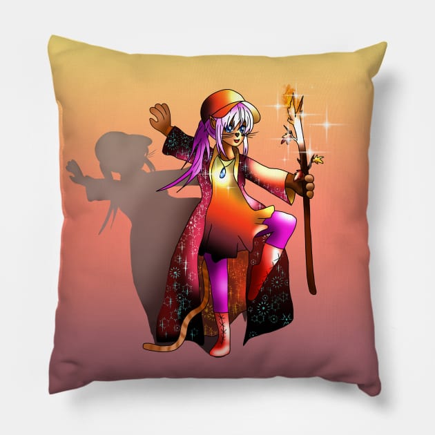 Cat sorcerer with a fire staff Pillow by cuisinecat