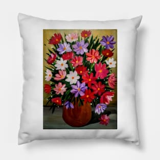 A beautiful bouquet of mixed flowers in a gold vase Pillow