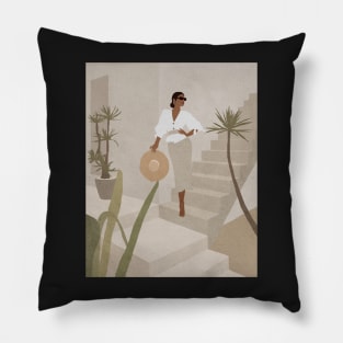 Elegant woman and hat, Boho style art, Mid century art Pillow