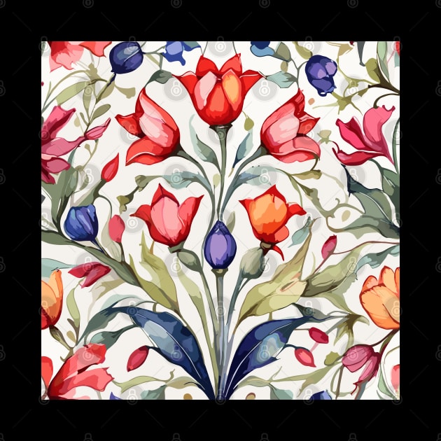 Red Orange Blue Turkish Tulips Ottoman Pattern by Siha Arts