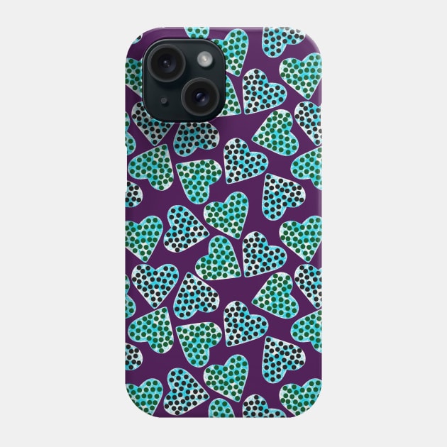 Colorful watercolor background with marble dotted hearts on violet. Polka-dot. Holiday, Valentine's day mood. Great for the fabric, poster, wallpaper, baby room, print, wrapping, greeting card, cover. Phone Case by Olesya Pugach