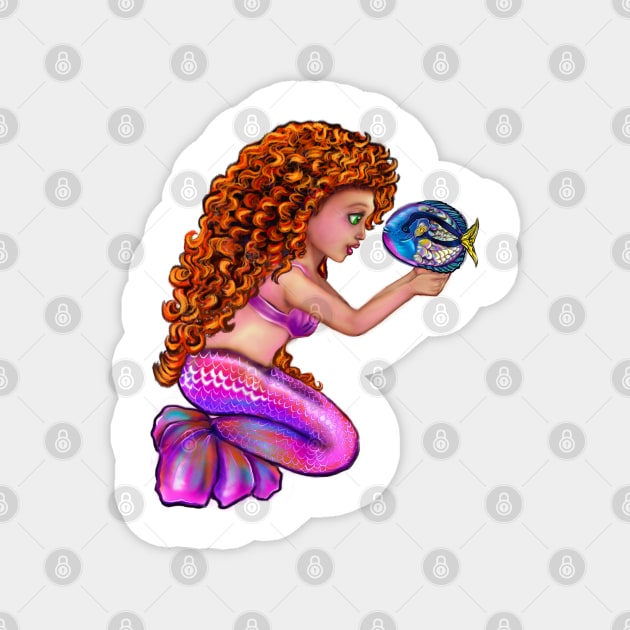 Mermaid Red head anime mermaid with blue tang fish, beautiful girl with Amber hair, green eyes and Cherry pink lips Magnet by Artonmytee