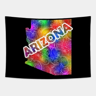 Colorful mandala art map of Arizona with text in multicolor pattern Tapestry