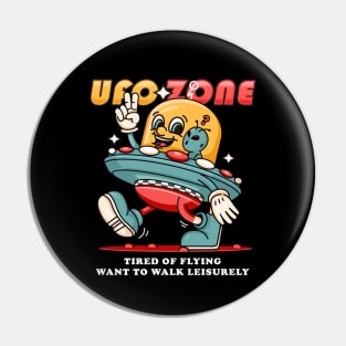 Ufo Zone, a cartoon alien mascot carrying a leisurely walking ufo Pin