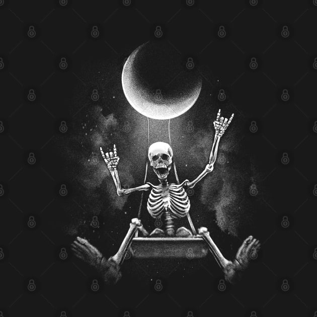 Skeleton swinging under moon and making rock hand symbols by Emart