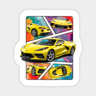 Multiple Angles of the Accelerate Yellow C8 Corvette Presented In A Bold Vibrant Panel Art Display Supercar Sports Car Racecar Accelerate Yellow Corvette C8 Magnet