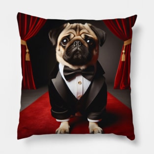 Pug dog in formal tuxedo suit sitting on red carpet Pillow