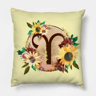 Aries Zodiac Horoscope Maroon and Sunflower Floral Monogram Pillow