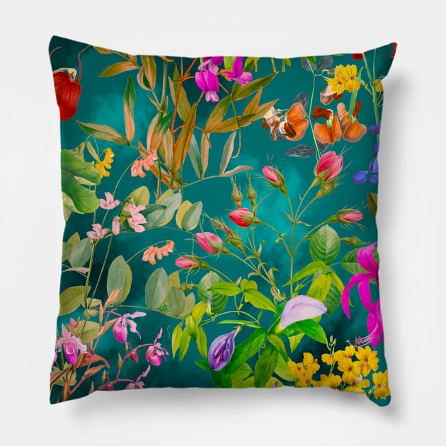 Cool tropical floral leaves botanical illustration, tropical plants,leaves and flowers, green turquoise leaves pattern Pillow by Zeinab taha