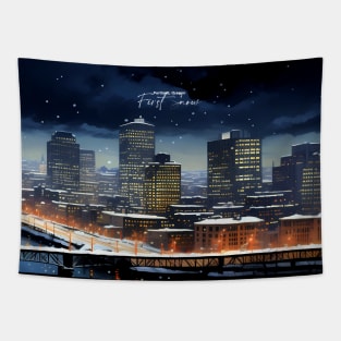 Portland Oregon First Snow: First Snow Scene in Downtown Portland, Oregon on a Dark Background Tapestry