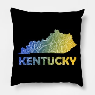 Colorful mandala art map of Kentucky with text in blue and yellow Pillow