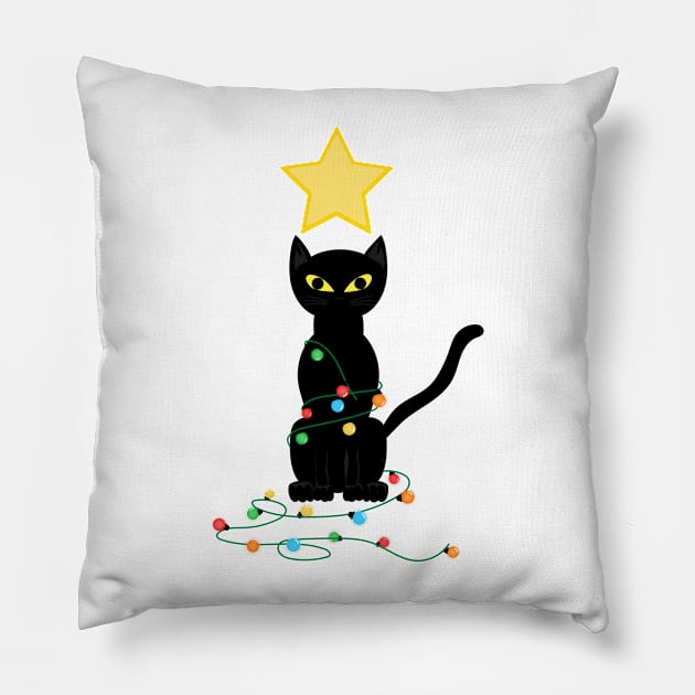 Black Santa Cat Tangled Up In Lights Christmas Santa Illustration Pillow by JOB_ART