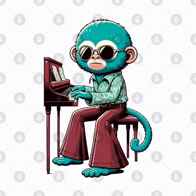 Groovy 70s Piano-Playing Monkey - Colorful Cartoon Vector Art by TimeWarpWildlife
