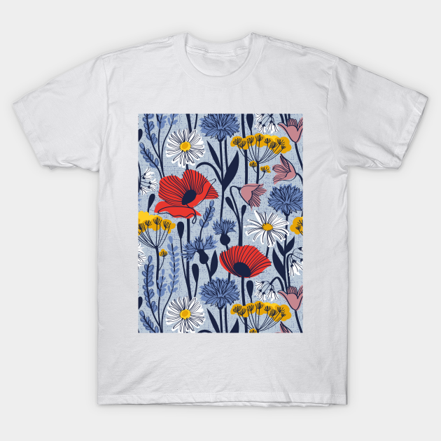 Wild field // pattern // pastel blue background neon red orange shade poppies white daisies denim blue cornflower pink bluebells yellow fennel flowers and other wild flowers meadow plants - Wildflowers - T-Shirt