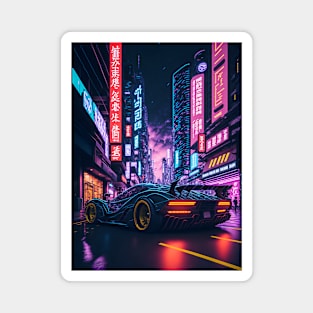 Dark Neon City Sports Car Magnet