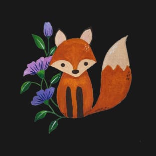 Little Fox and Floral Pattern in Gouache Illustration T-Shirt