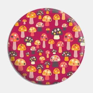 Mushrooms orange, pink, brown on a dark pink background. Pin