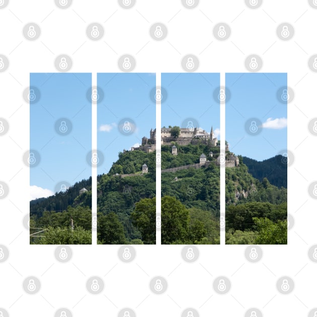 Burg Hochosterwitz. A shot on the move from the driver window of an electric car. Sunny summer day. POV first person view shot on a mountain road. Austria by fabbroni-art