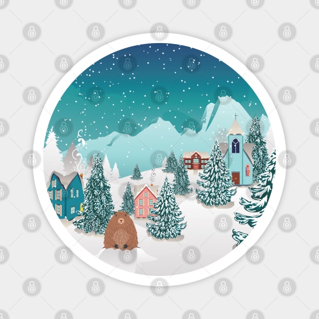 Cute groundhog and winter landscape Magnet by AnnArtshock