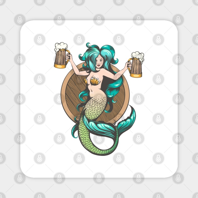 Mermaid With Mugs of Beer Tattoo Illustration Magnet by devaleta