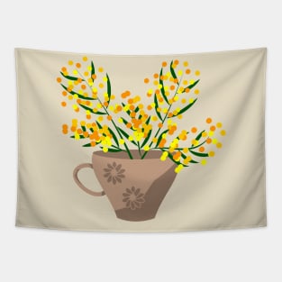 Cup and flower bouquet made of mimosa branches Tapestry