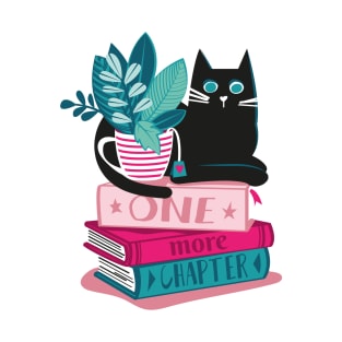 One more chapter // spot // pastel pink background black cat striped mug with plants red teal and yellow books with quote T-Shirt