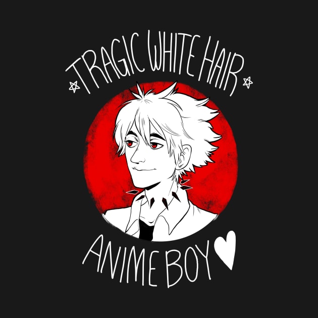 Tragic White Hair Anime Boy - White Font by riadoodles