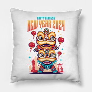 Joyful Dragon & Lion Parade: Happy Chinese New Year 2024! Pillow