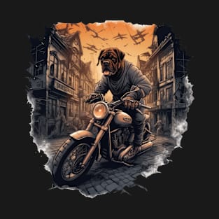 A dark t-shirt design featuring a Rottweiler Dog on a motorcycle T-Shirt