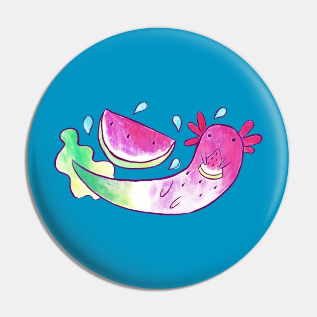 Watermelon Axolotl Watercolor Pin by saradaboru