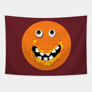 Goofy Orange Smile Emoji Pixel Smilng Face Tapestry