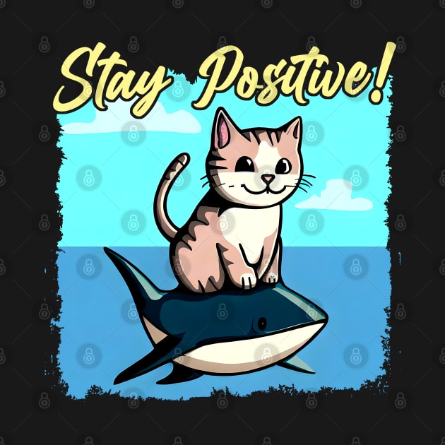 Stay Positive ! Funny Cat ride shark by T-shirt US