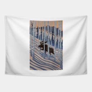 Scenic Winter Mountain Birch Forest and Moose Tapestry