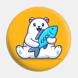 Cute Polar Bear Holding Big Fish Cartoon Pin