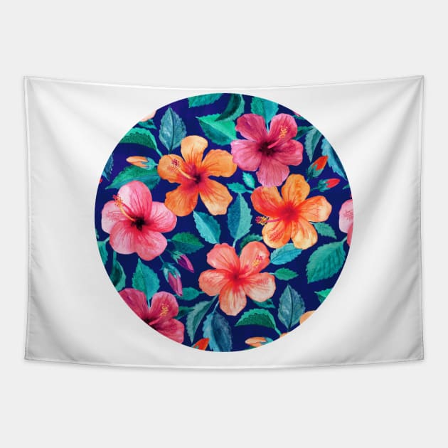 Colorful Watercolor Hibiscus on Indigo Blue Tapestry by micklyn