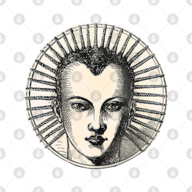 Face with stylized hair in a circular arrangement. Vintage drawing in black and white by Marccelus