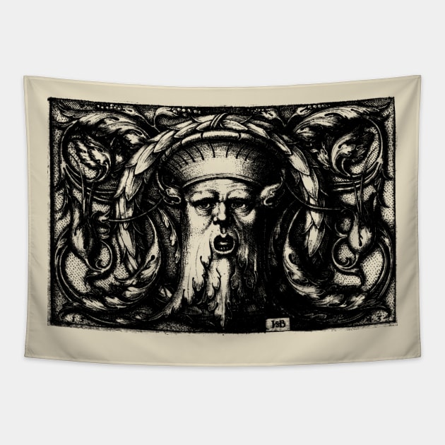 Green Man Renaissance Engraving Black Tapestry by Pixelchicken