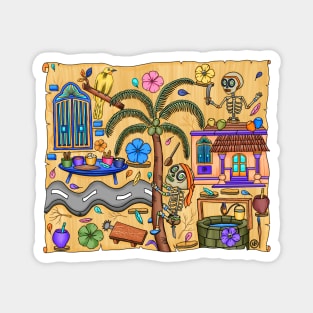 Cute Skeletons - Día De Los Muertos - Goa - Coconut fruit - Doodle Village Life Magnet