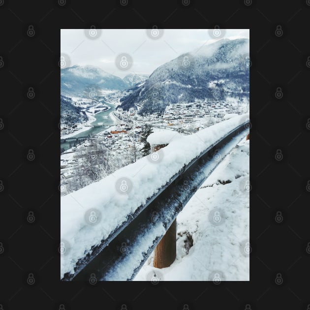 Scandinavian Winter - Fresh-Fallen Snow on Guardrail With White Valley in Background by visualspectrum