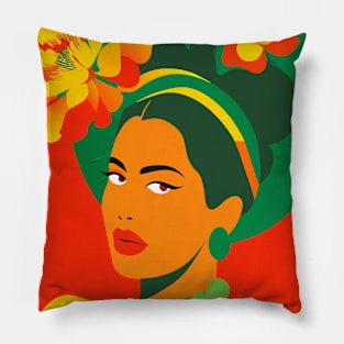 Brasilian woman with tropical flowers 70s Pillow