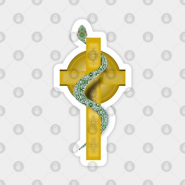 Green- Alchemical Crucified Serpent on Cross Magnet by geodesyn