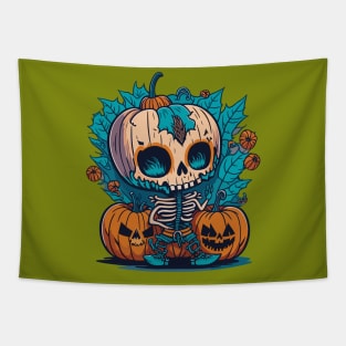 Halloween funny skeleton and orange pumpkin friends Tapestry