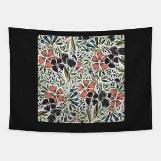 Flower Flurry - Salmon, Green, Black and Turquoise - Digitally Illustrated Flower Pattern for Home Decor, Clothing Fabric, Curtains, Bedding, Pillows, Upholstery, Phone Cases and Stationary Tapestry