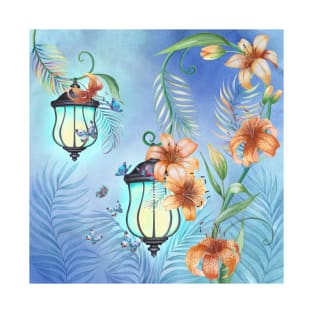 Vintage streetlights with Lily flowers and tropical leaves ornament. Magic floral scenery. Fairy spring garden watercolor illustration T-Shirt