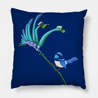 Blue Kangaroo Paw and little blue Wren Pillow