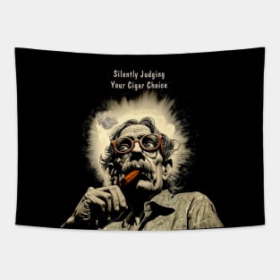 Cigar Smoker: Silently Judging Your Cigar Choice on a Dark Background Tapestry